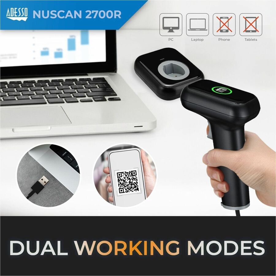 Adesso NuScan 2700R 2D Wireless Barcode Scanner with Charging Cradle Adesso NuScan 2700R 2D Wireless Barcode Scanner with Charging Cradle